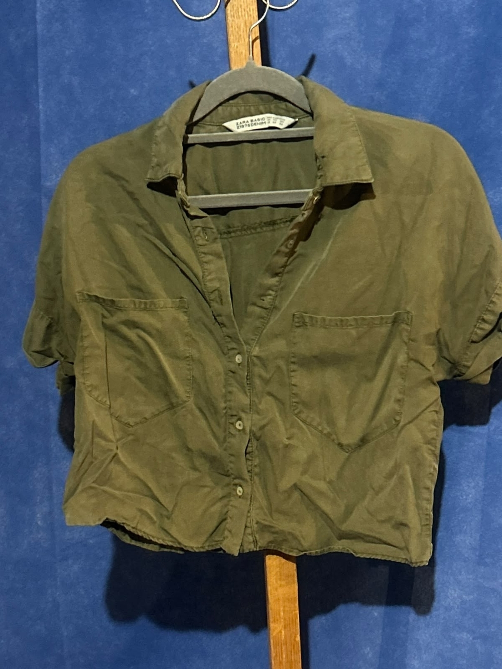 Zara Olive Green Cropped Button-Down Shirt
